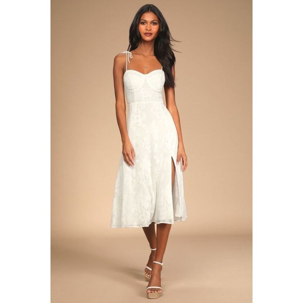 Lulu's Loveliest Looks White Floral Jacquard Tie Strap Midi Dress